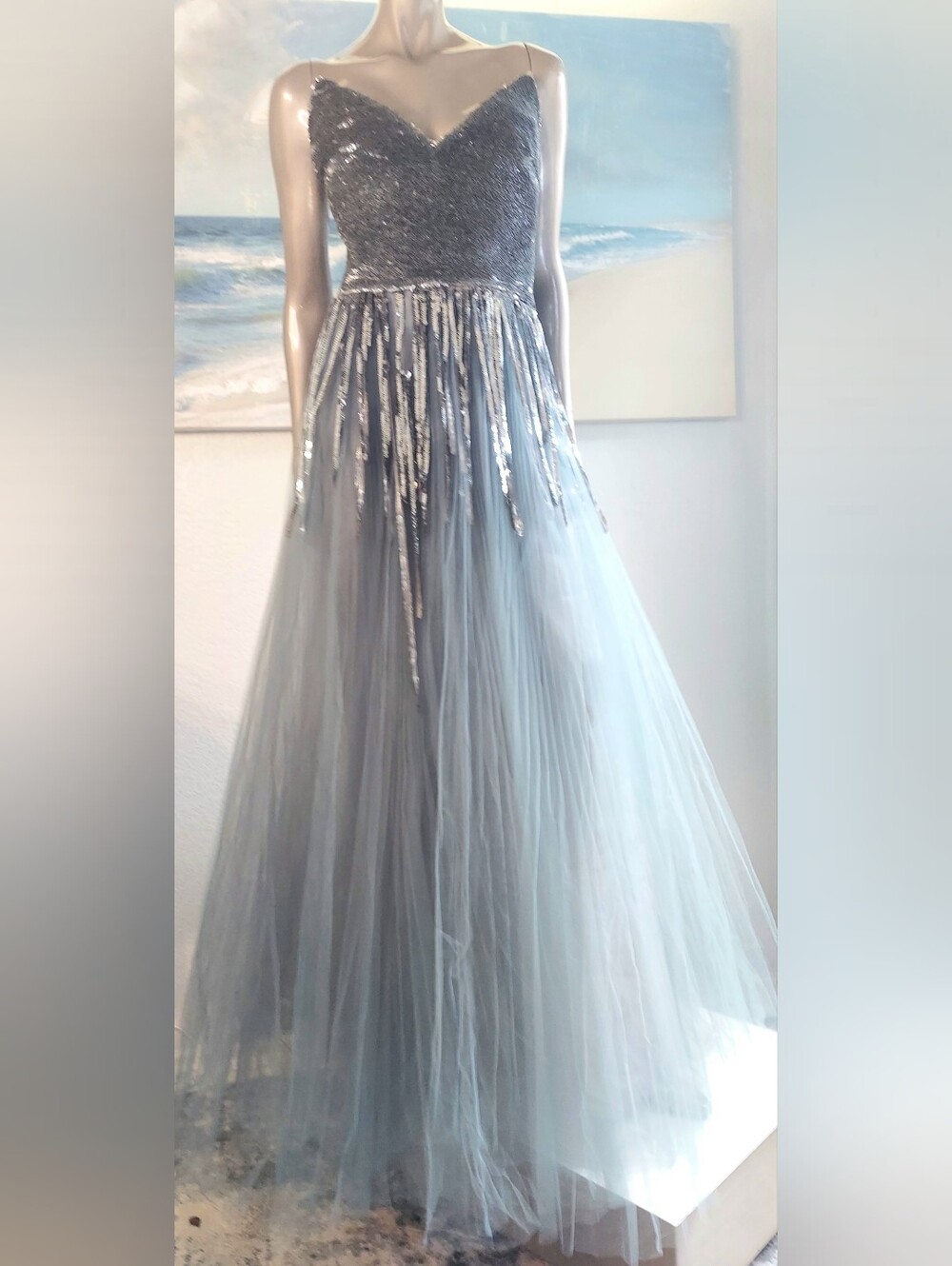 $13,900 NEW W. TAG OSCAR DE LA RENTA SLATE BLUE SILVER SEQUIN TULLE GOWN US 8 - Picture 9 of 12